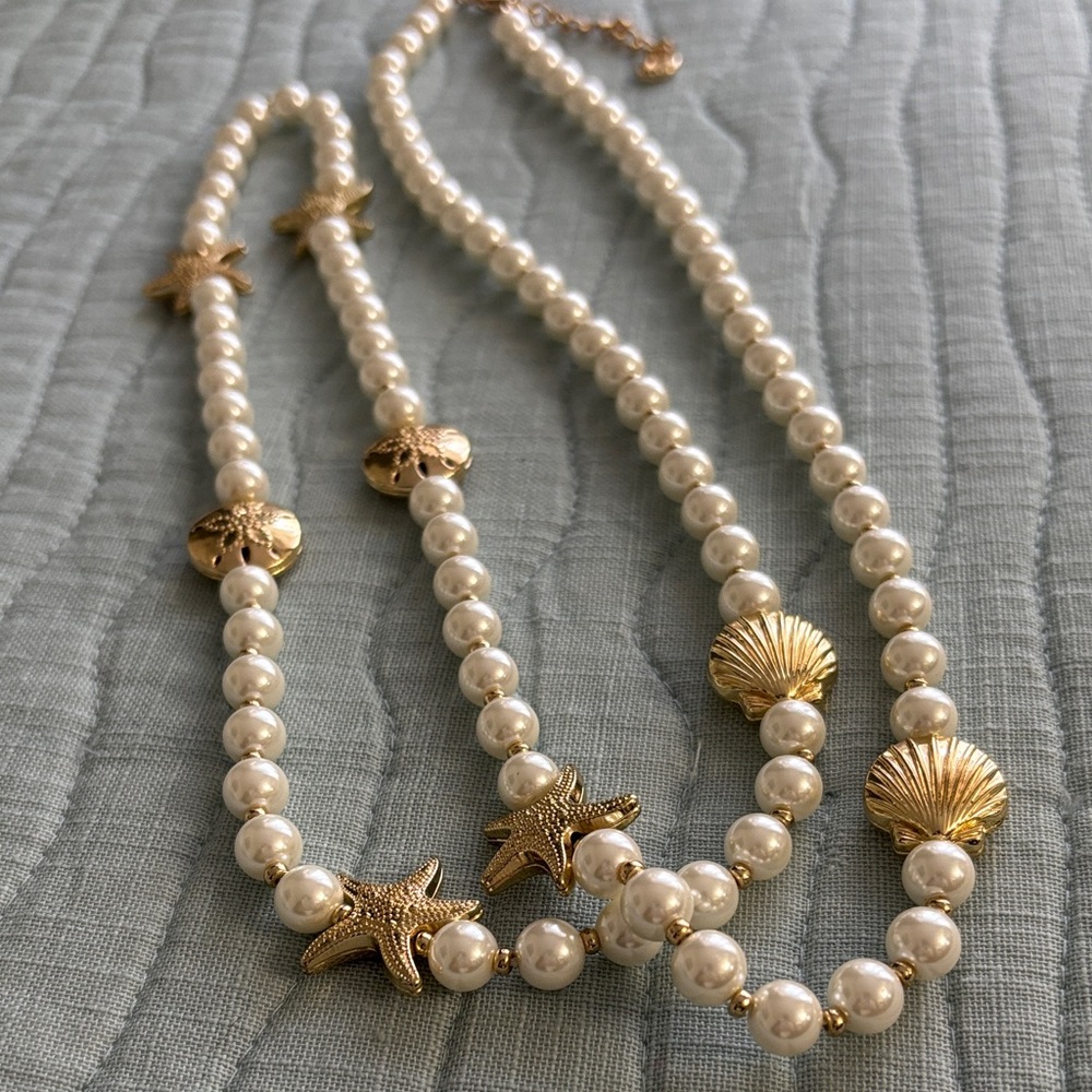 NEW Charter Club long Necklace with faux White Pearl & gold-tone Seashells
